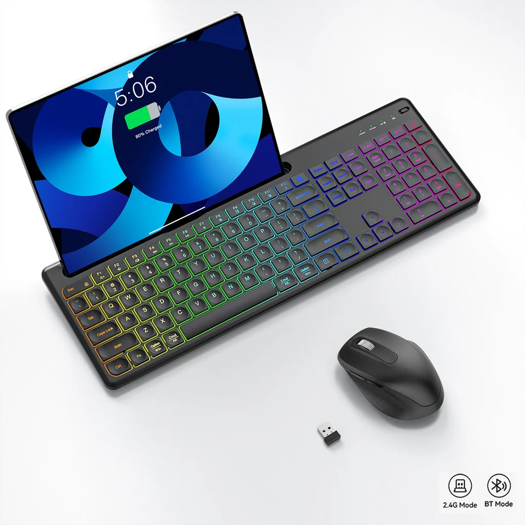 

JOMAA Dual Mode Rechargeable Bluetooth & USB Wireless Keyboard Backlit Colors LED Slient Click Keyboard and mouse set