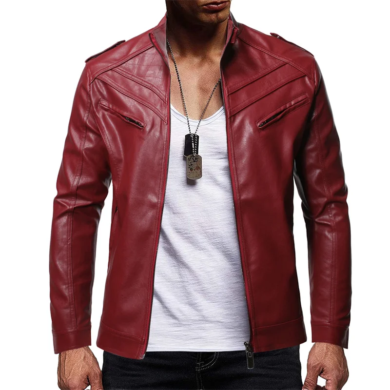 

Winter Casual Motor Leather Jacket Coat Men Fashion Warm Leather Jacket Coat Men PU leather stand collar punk leather jacket