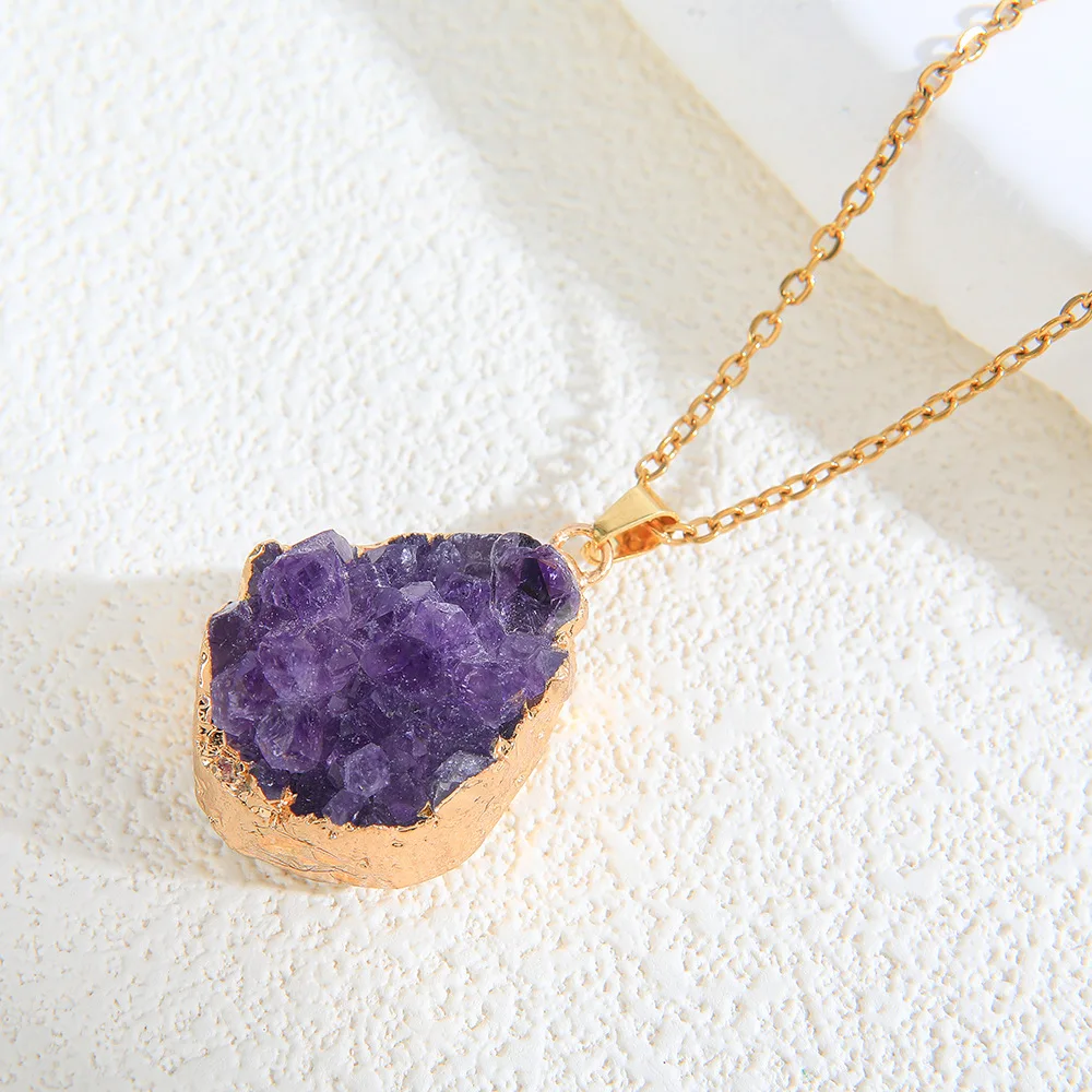 Natural Raw Uruguay Amethyst Healing Crystals Stone Pendant Irregular Mini Cluster Golden Edge Druzy Necklace for Women Jewelry