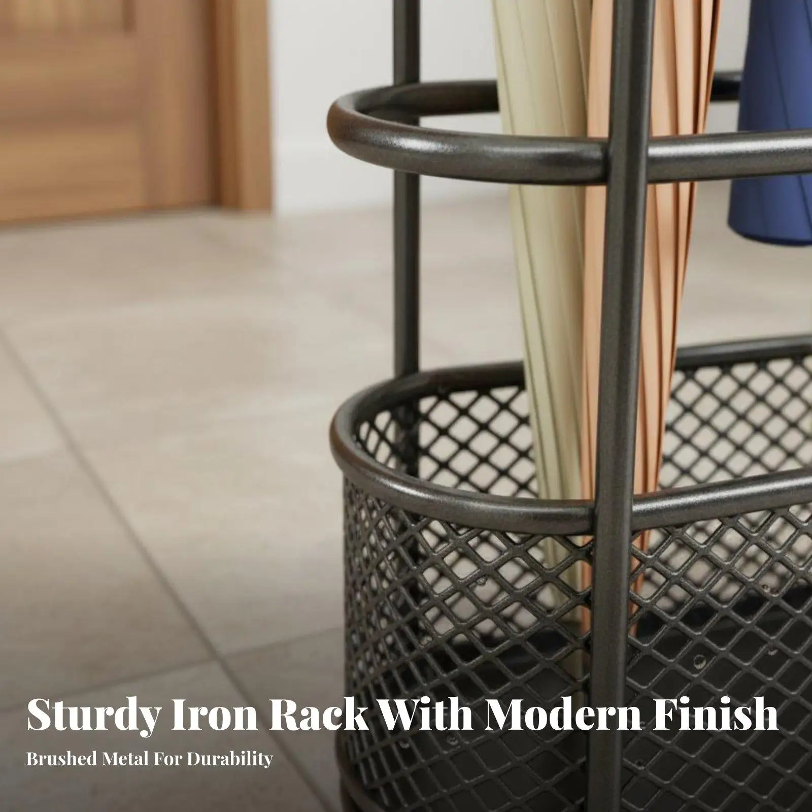 Industrial Holder Iron Umbrella Stand for Home Entryway Sturdy Rust Resistant Floor Rack with Removable Drip Tray and Hooks for