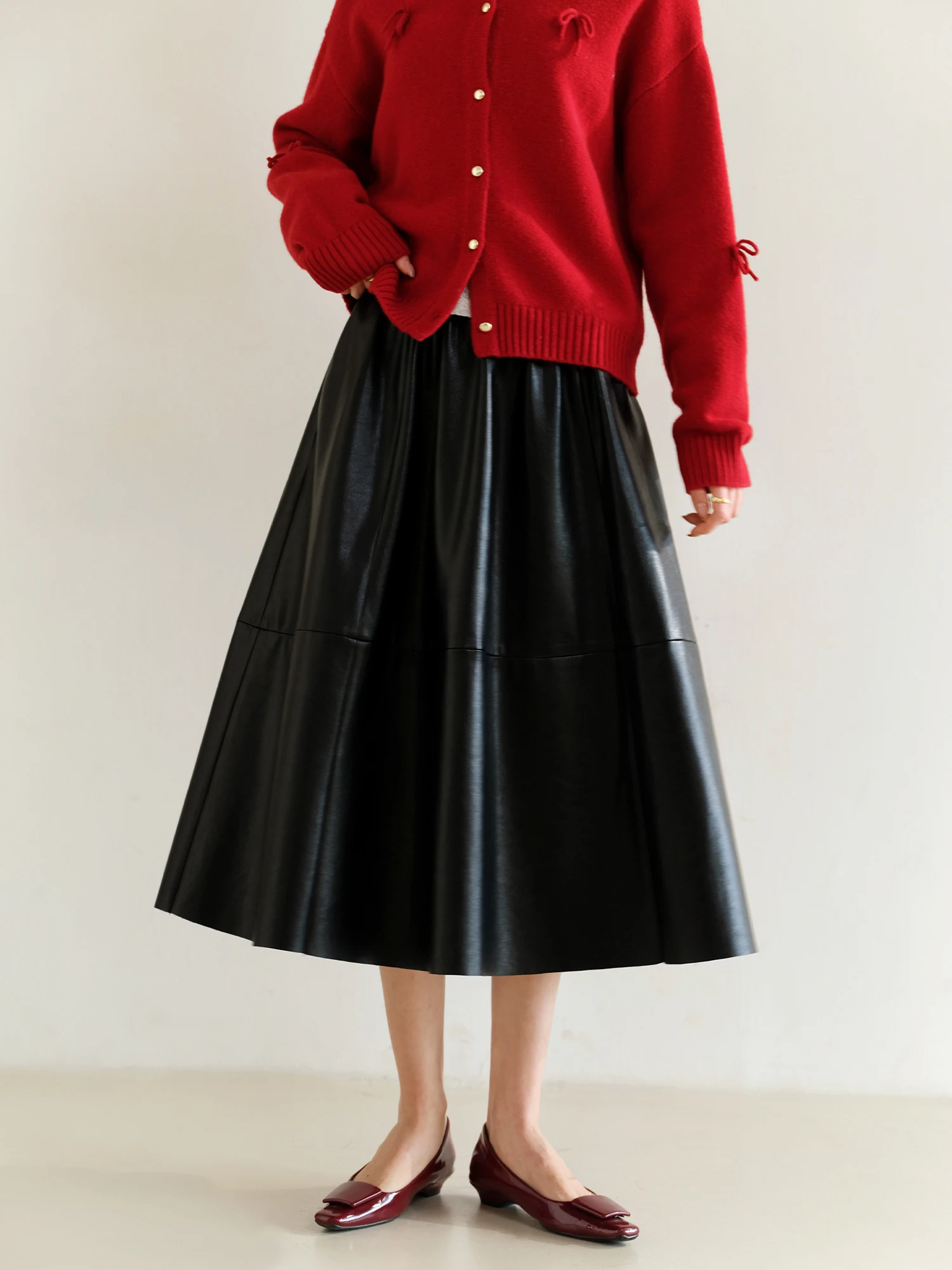 친환경 플리스 안감 하이웨이스트 우산형 스커트 프리미엄 아일랜드 실크 고급 미니멀리스트 디자인 여성용