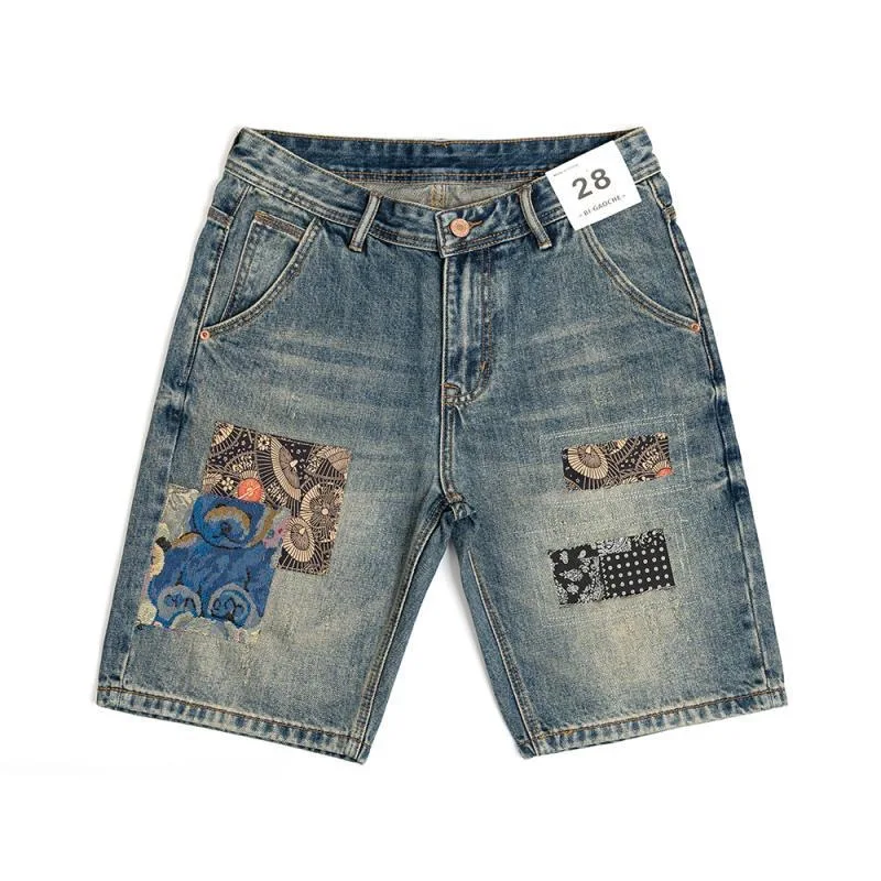 

Autumn and Spring New Fashion Trend Printed American Vintage Straight Leg Denim Shorts Men's Casual Loose Sports Plus Size Short