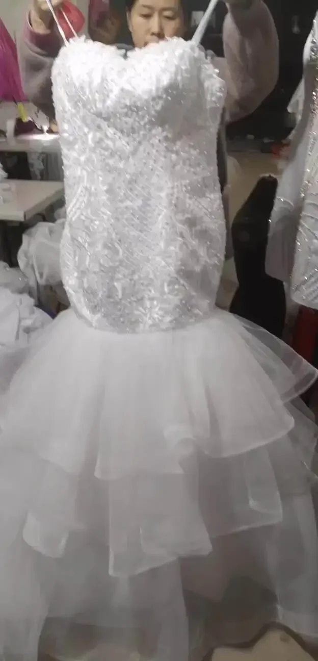 Personalizado novo branco querida cinta de espaguete sereia vestidos de casamento africano árabe contas apliques trem longo vestidos de noiva 2