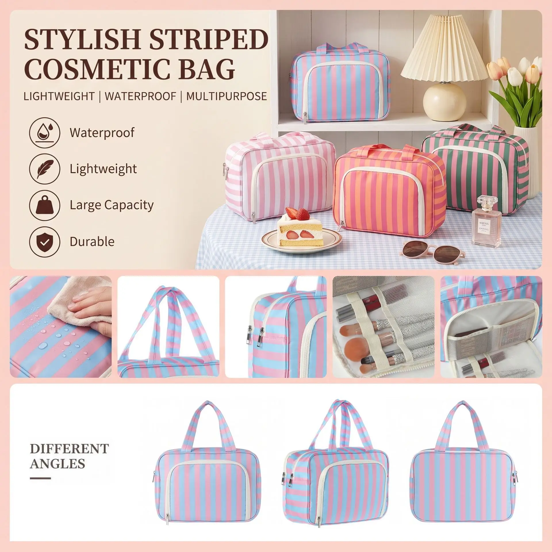Striped Hand Wash Bag Waterproof Cosmetic Bag Multi-compartment Storage Bag Travel Skin Care Bag Portable Bath Storage Bag