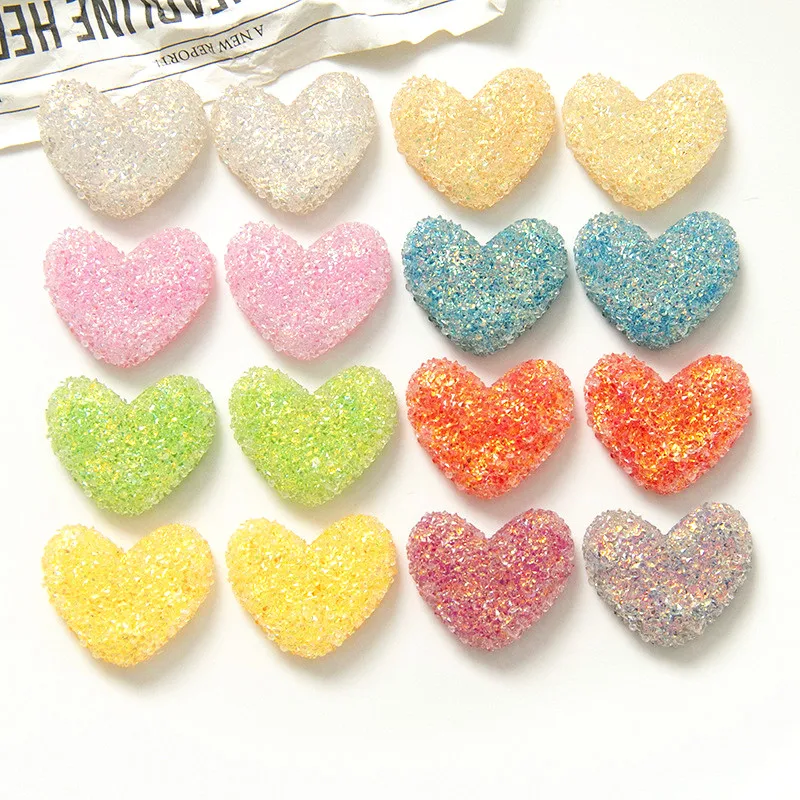 

Newest 50pcs 25*21mm Glitter Sequin Bling Decorated Candy Heart Resin Cabochons Flatback Cameo Patch Sticker Garment