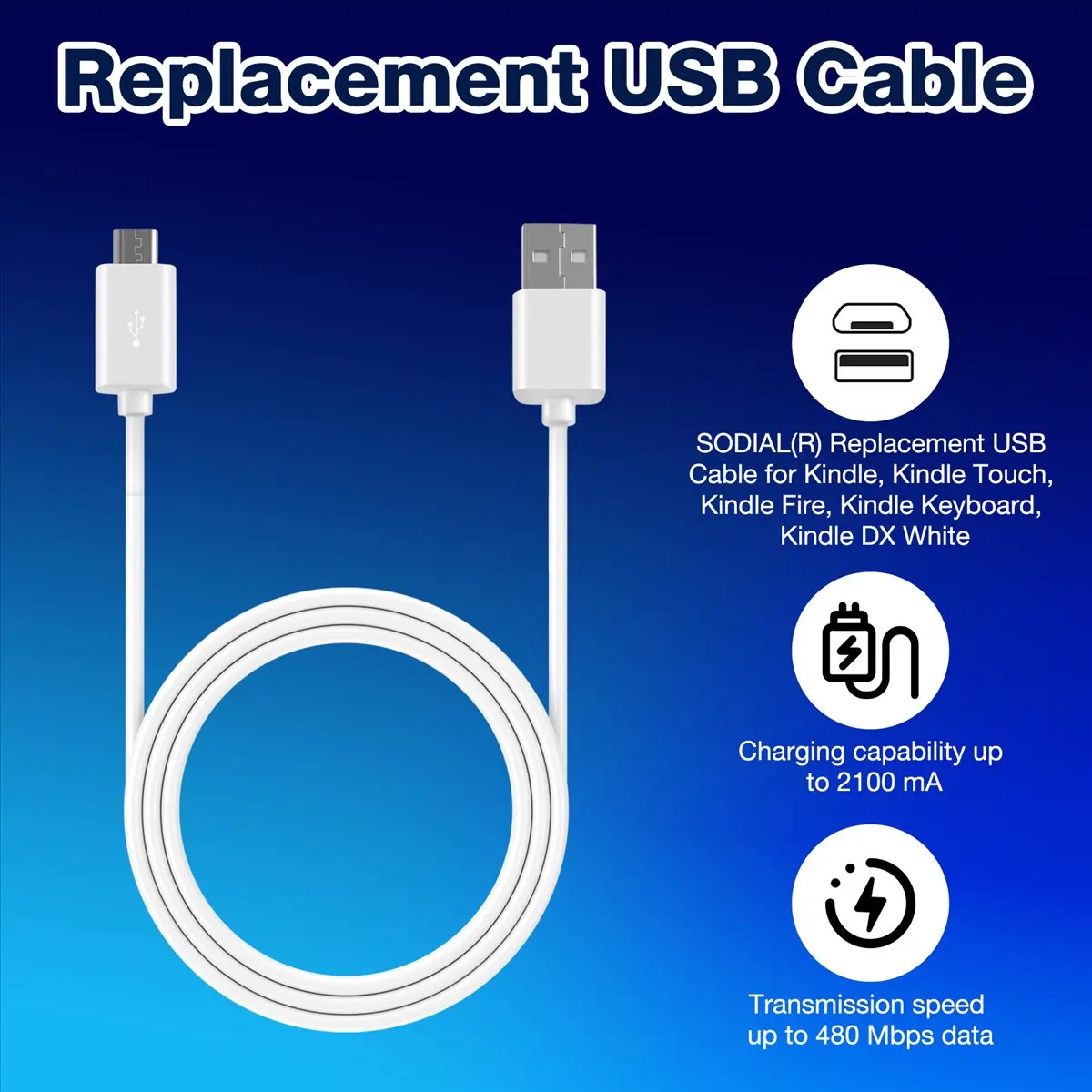 A003 Replacement USB Cable for , Touch, Fire, Keyboard, DX White