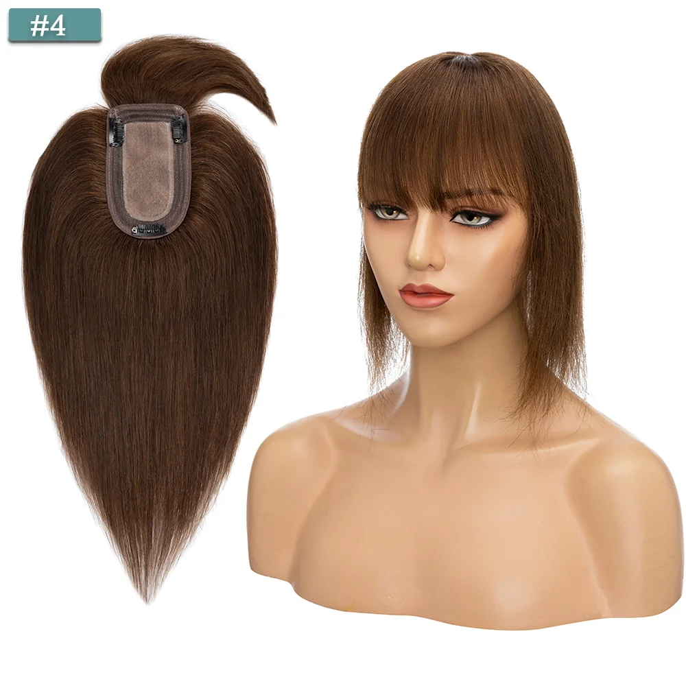 SEGO 7x13CM Echthaar-Topper mit Pony für Frauen, Seidenbasis, natürliche Haarteile, Perücken für Haarausfall, Volumenabdeckung, graues Haar – Detail 13