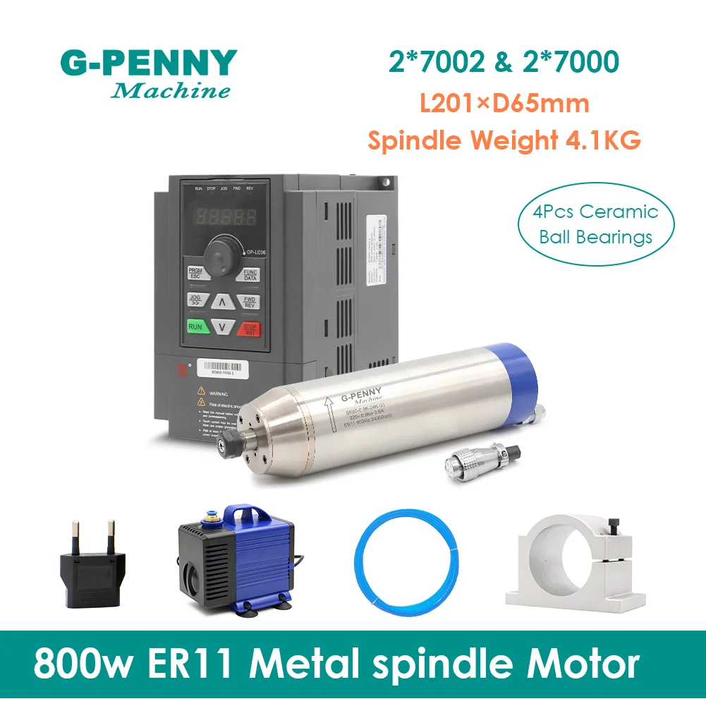 High Quality! 0.8kw ER11 Metal Spindle Water Cooled spindle Motor 400Hz Pole=2 &1.5KW FL Inverter &65mm Bracket &75W Water Pump