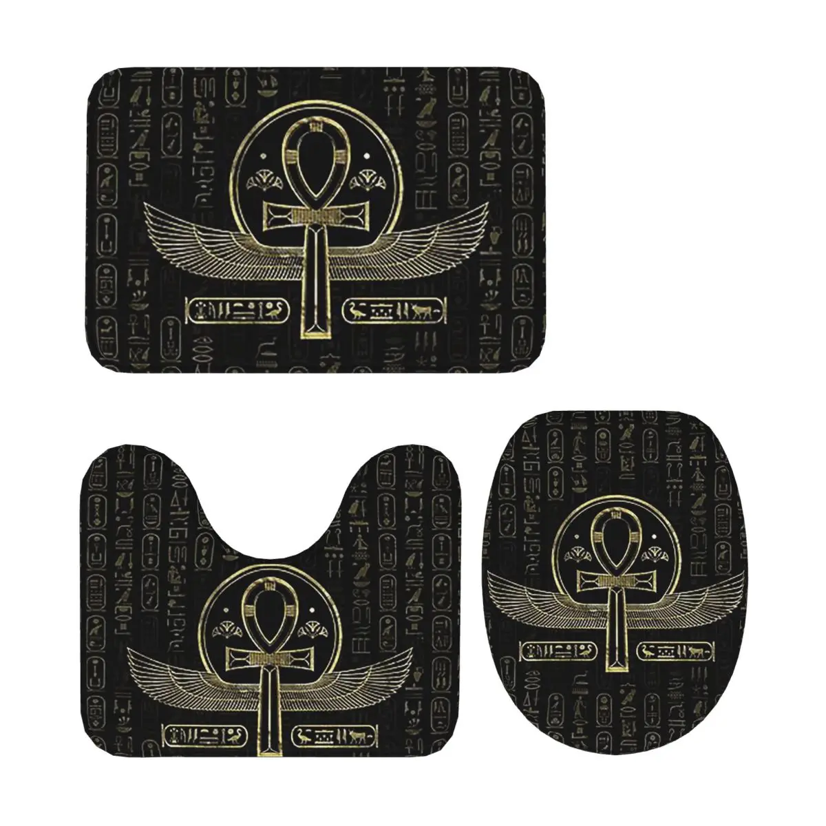 

Egyptian Cross Ankh Gold And Black 3 Pcs Bath Mat Bathroom Set Toilet Lid Cover Home Decor Non-Slip Carpet Floor Rug