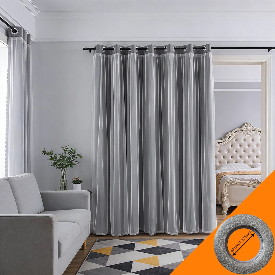 Grey Double‑Layer Grommet Room Divider Curtain 1pc, Sheer Overlay Partition Drape for Living Room Bedroom