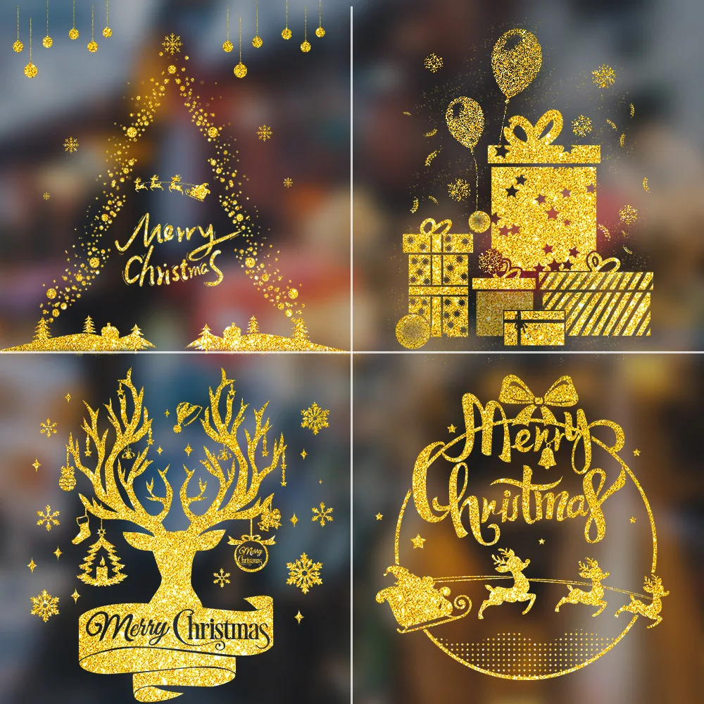 Christmas Window Stickers Gold Powder Removable Glue Shopping Mall Supermarket Atmosphere Layout Christmas Decorations Window Gl