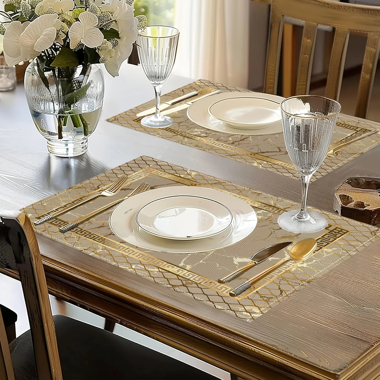 VIKAMA White Hydrangea Gold Border Square Placemat Non Slip Waterproof Heat Resistant Dining Table Mat for Holiday Party Decor