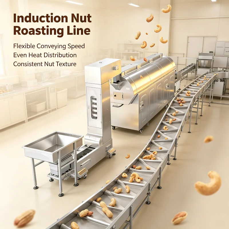 Induction Nut Roasting Line Low Noise Continuous Roaster Machine for Peanut Walnut Nut Food Processing Workshop