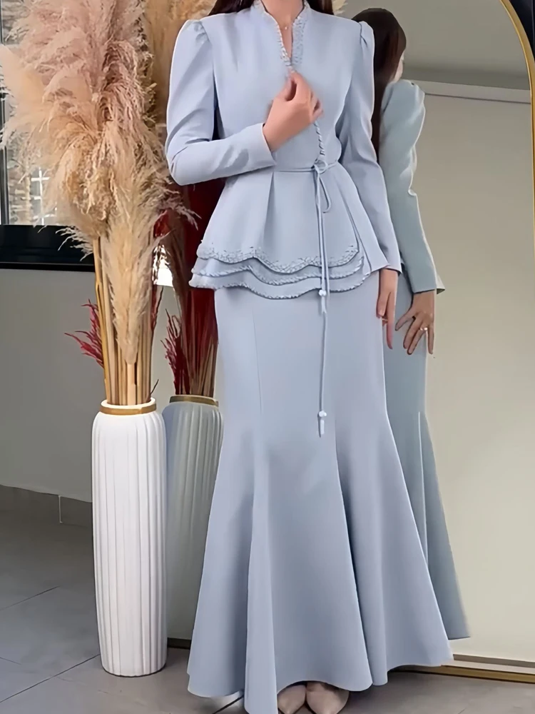 Women Elegant Lace-Up Waist Slim 2Pc Suit Fashion Pearl Splicing Solid Skirt Outfit Sexy V-neck Long Sleeve Top & Long Skirt Set