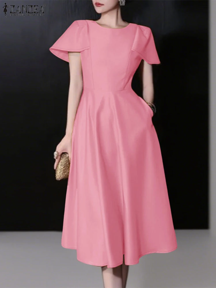 2025 zanzea elegante vestido de festa feminino verão trabalho ol vestidos escritório cetim vestido de verão elegante manga curta midi robe sólido