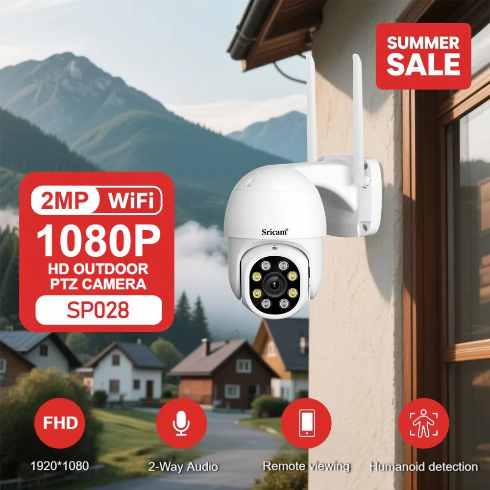 

SriHome2MP WIFI IP Camera IP66 Waterproof Outdoor AI Human Body Detection Starlight Color Night Vision CCTV Baby Monitor SP028