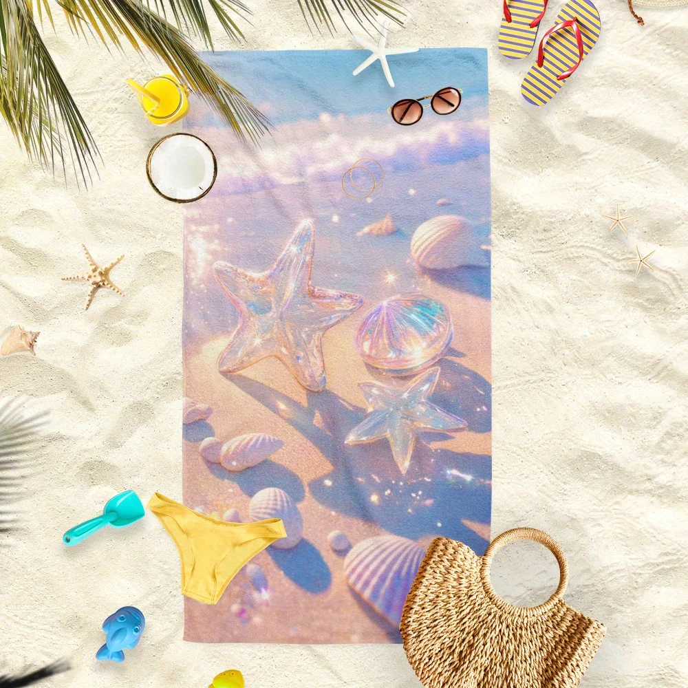 Holographic Starfish Beach Towel - Sparkling Shell & Starfish Print, Soft Microfiber Quick Dry Sand-Free for Travel Pool Summer