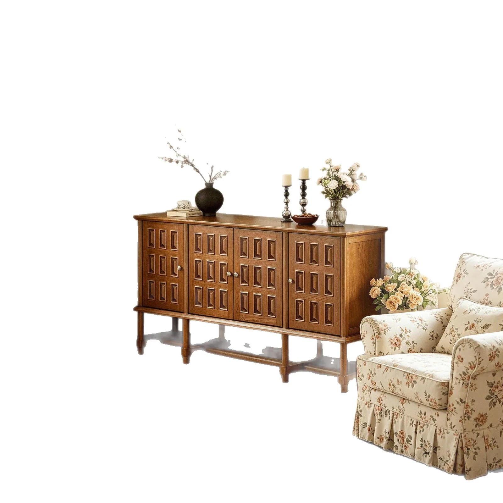 French medieval solid wood living room locker, household entrance wall storage side cabinet