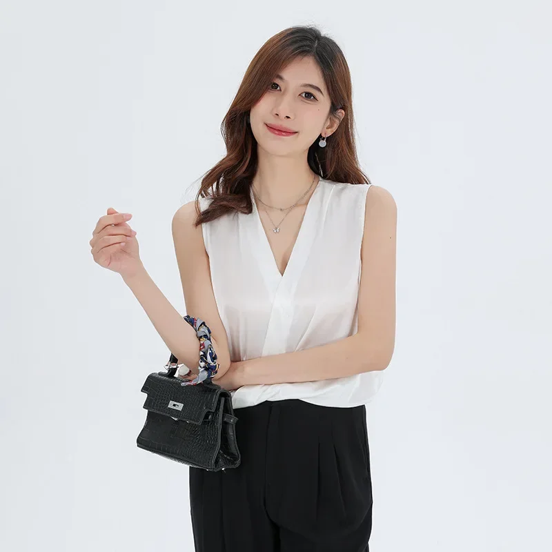 2024 Summer V-neck 22mm Real Silk Heavyweight Sleeveless Shirt Women's White Tank Top Office Lady Silk Top 100% Mulberry Silk