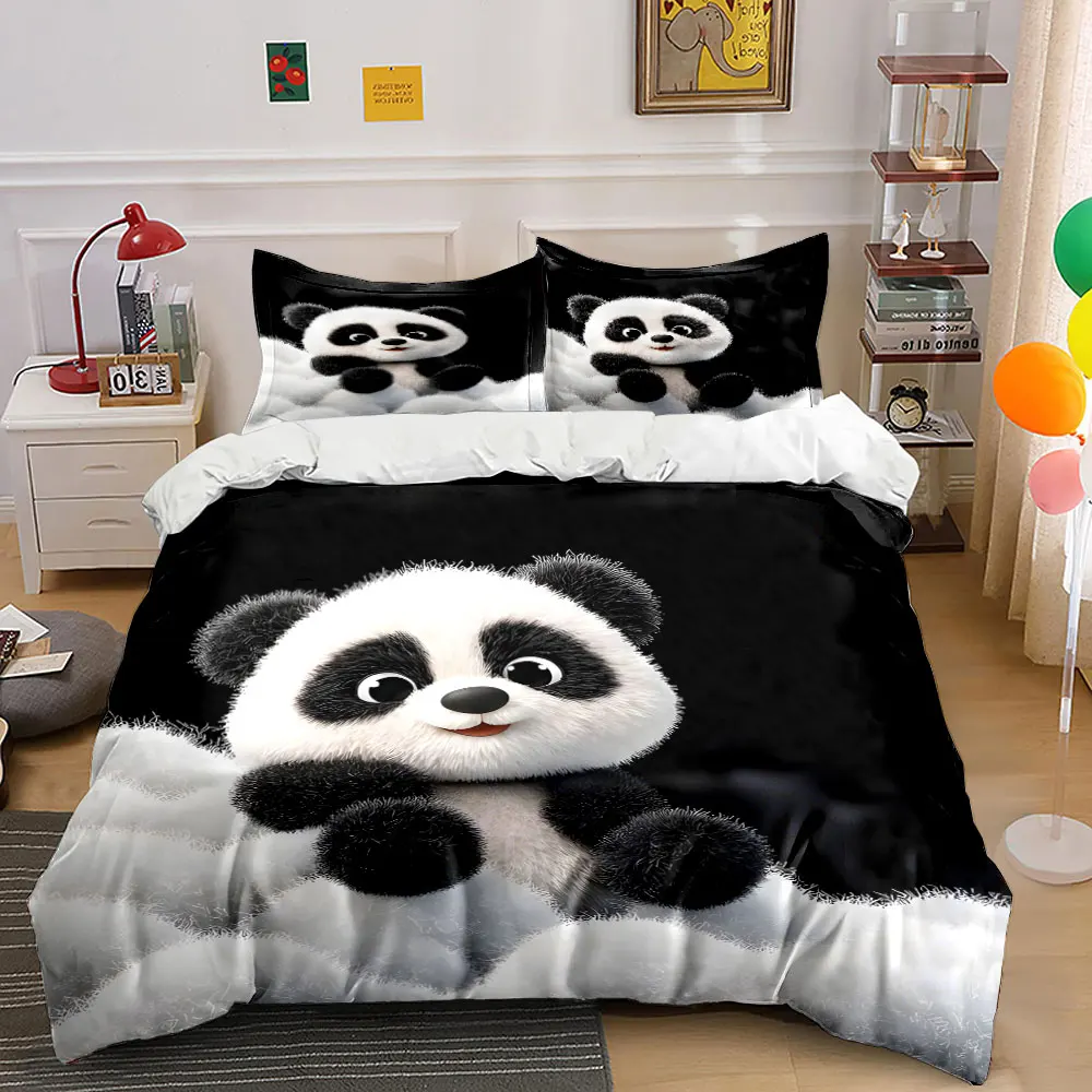 Cartoon panda sitting on fluffy clouds Bedding Set for Kids Luxury Gift 3pcs Digital Print Comforter Set Soft Comfortable