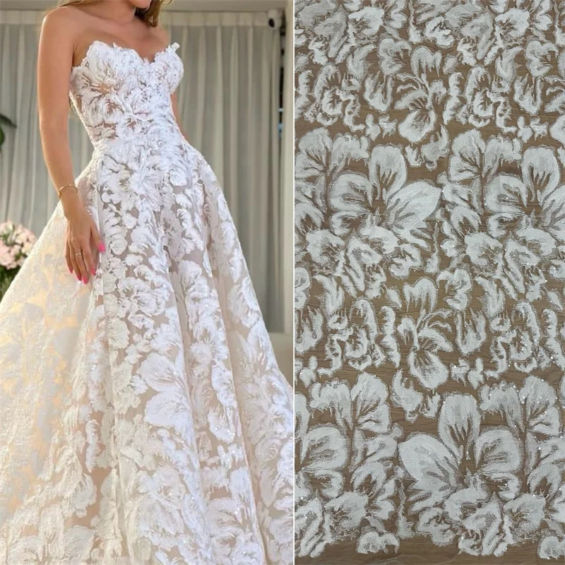 Big Flower White Sequins  beaded lace fabric Unique High End Bridal White Lace Fabric Sell by 1 yard