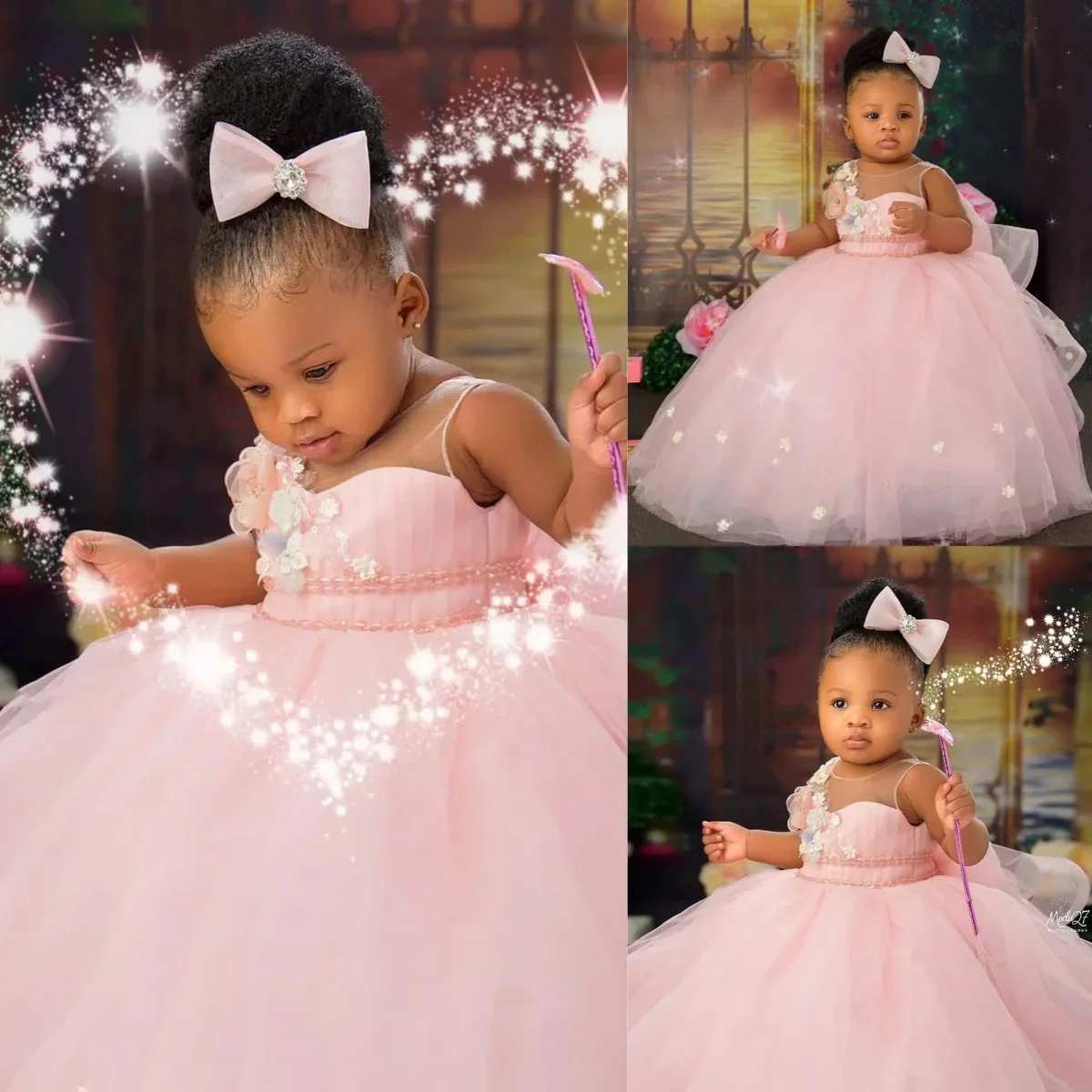 

Princess Satin Flower Girl Dress for Wedding 3D Floral Sleeveless With Bow Kids Birthday Party First Communion Ball Gown Custom