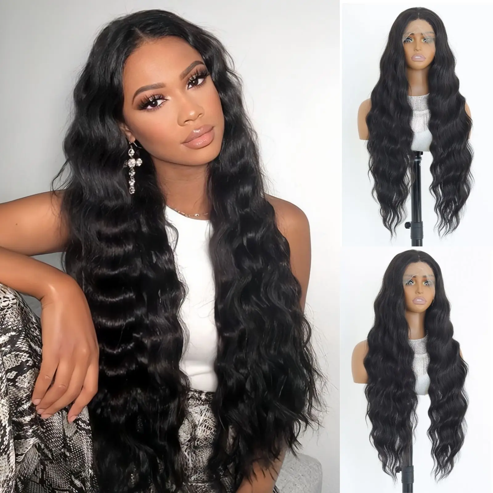 

Черный Длинный Волнистый 13×4 Парик Фронта Шнурка Для Женщин Термостойкое Волокно Синтетические Парики Фронта Шнурка Повседневные Парики Для Вечеринок 32 Дюйма