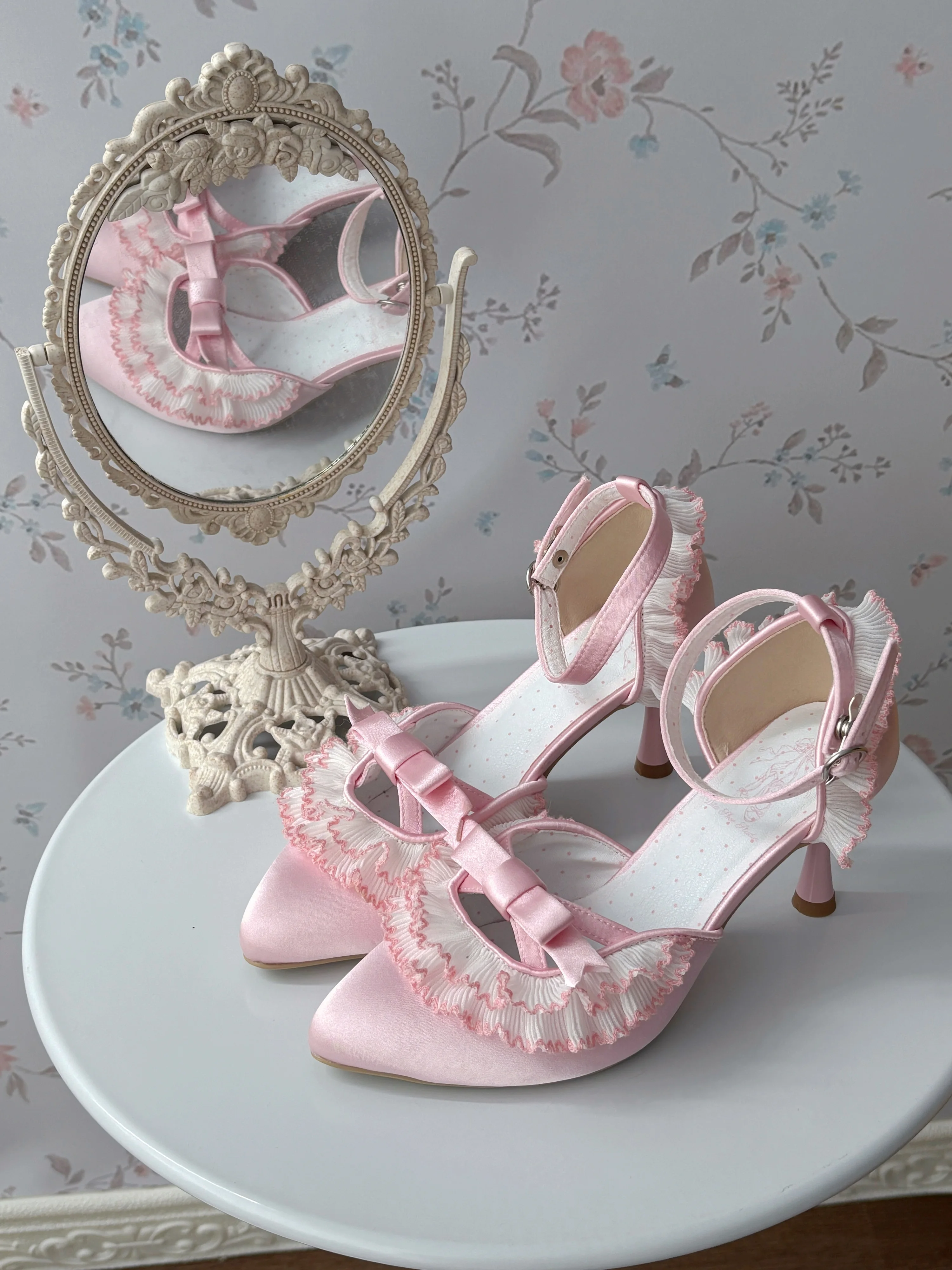 Original Pointed Bow Elegant Cla Series Lolita High Heels Japanese Sweet Loli Tea Party Flower Wedding Shoes
