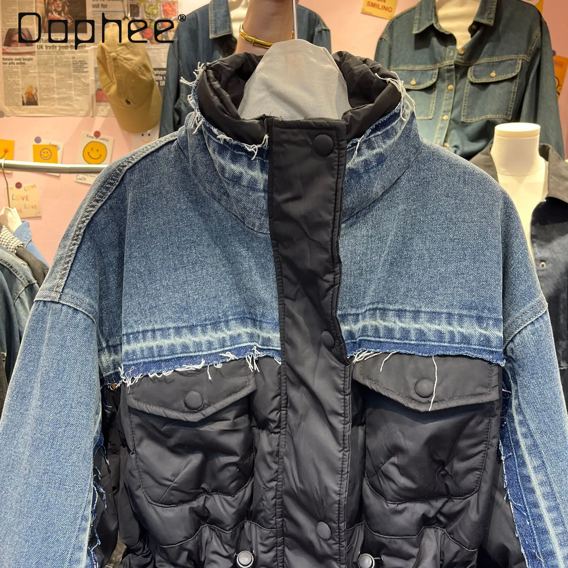 Korean Style Ins Trend High-end Denim Stitching Down Jacket Warm Thickened Coat Winter New Fashion Loose Slimming Coat Women