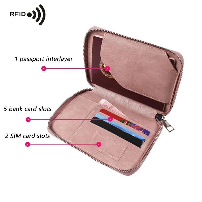 Porte-passeport multifonctionnel avec brosse antivol Rfid, sac à documents, portefeuille de voyage, sac de rangement à fermeture éclair, étui en cuir