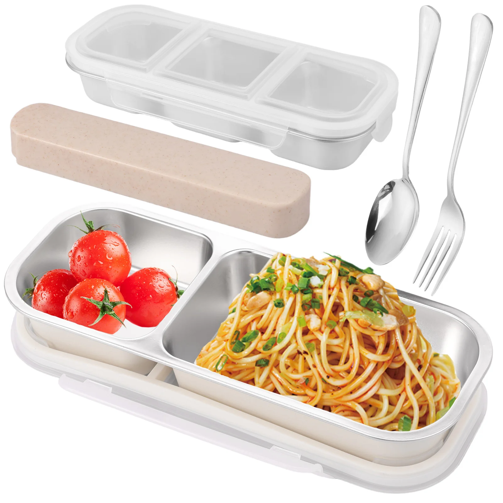 

2 шт. ланч-бокс из нержавеющей стали с крышкой, вилкой, ложкой, посудой, портативный контейнер для закусок, разделенная коробка для еды, фруктового салата, бенто