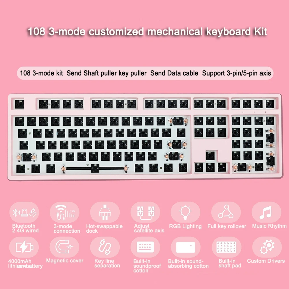 3 Mode Mechanical Keyboard Kit T108 Barebone Classic Gamer 108 Keys Layout Full Size Hot Swap RGB Gaming Custom Keyboard DIY Kit