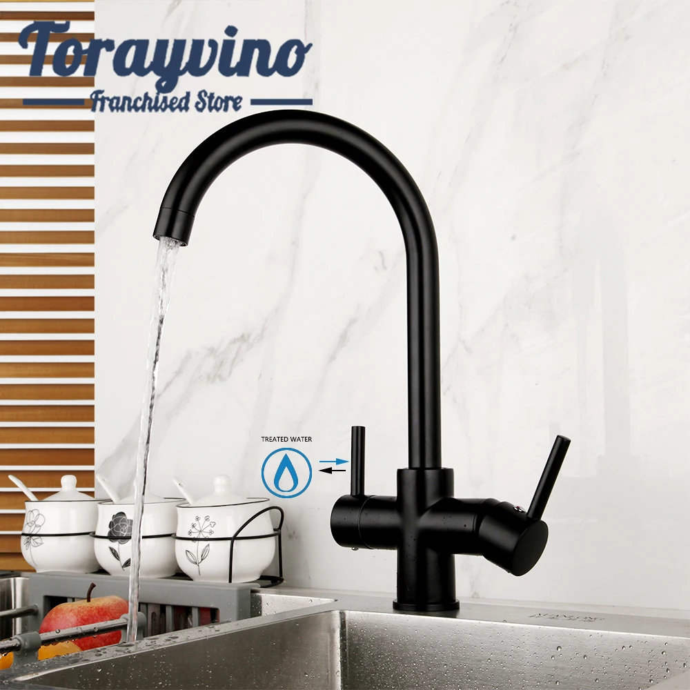 TORAYVINO Kitchen Sink Faucet Matter Black 360 Swivel Water Filter Purifier Faucet Dual Handles Hot And Cold Mixer Deck Mounted 