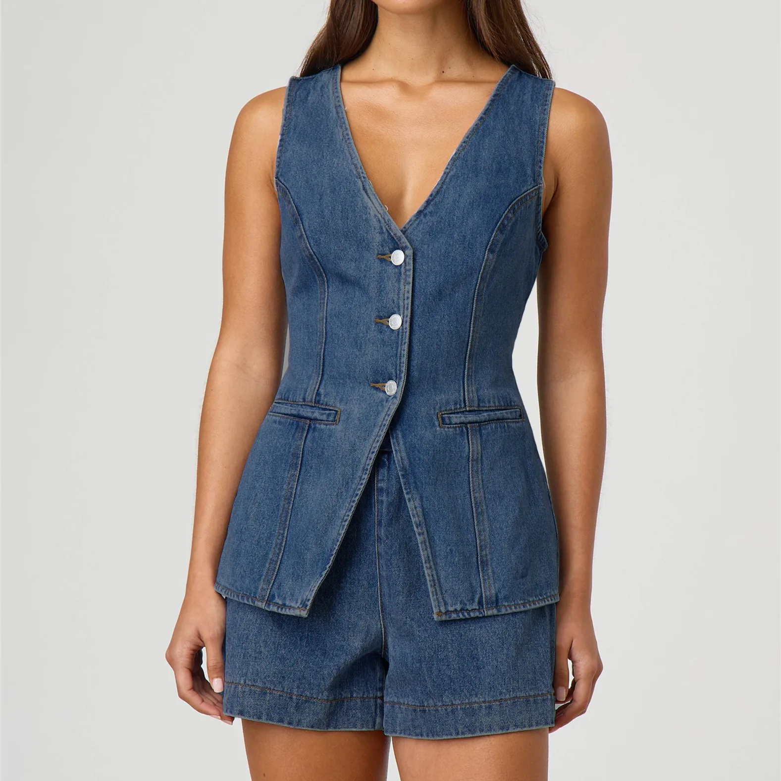 

Летние женские джинсовые шорты, костюм без рукавов с v-образным вырезом, однобортный топ с разрезом, жилет, широкие шорты с высокой талией, женские комплекты 2025 г.