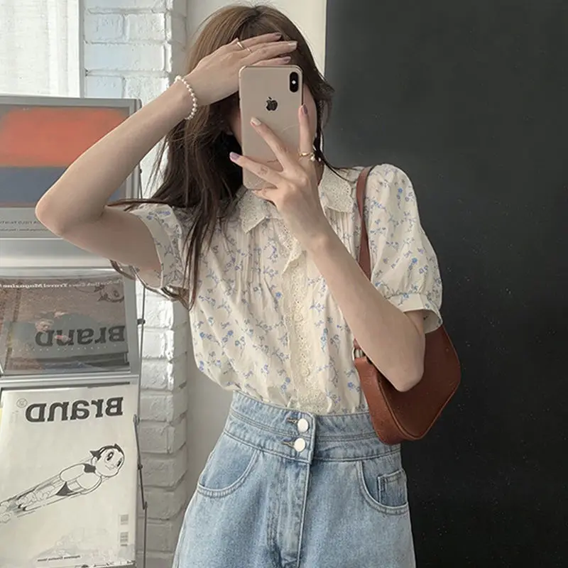 Printed Shirts Women Summer Prairie Chic Short-sleeve Literary Sweet Ulzzang Vintage Ins Delicate Office Lady Gentle Aesthetic