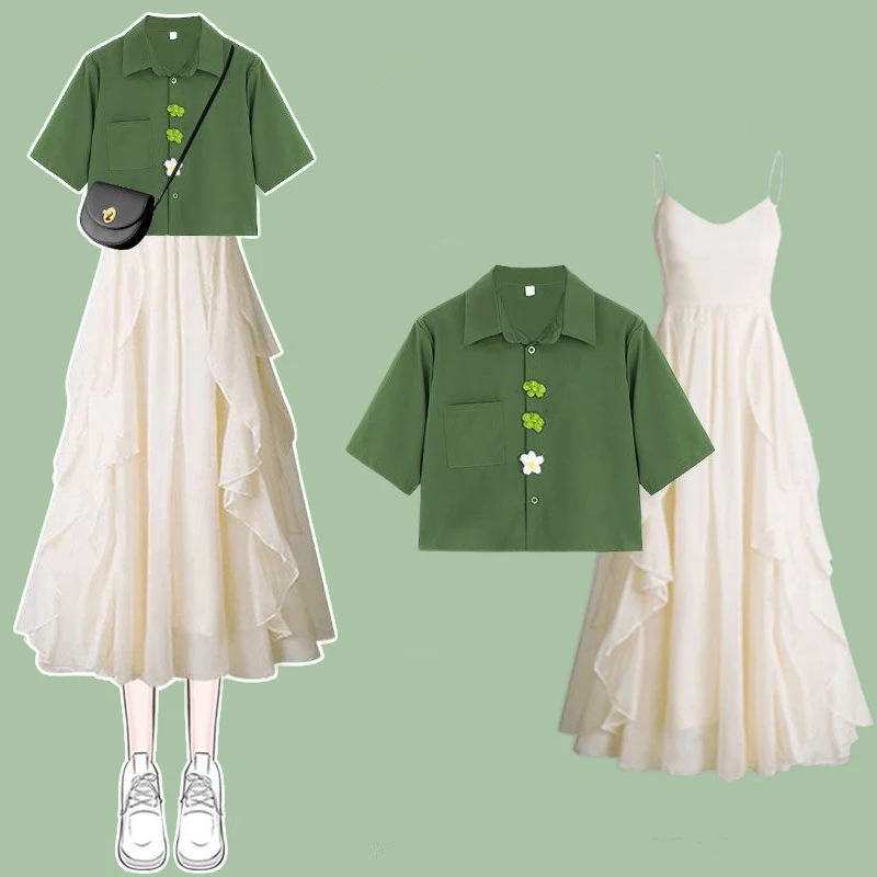 Women Summer Chic Floral Green Shirts 2025 New Lady Fashion Short Sleeve Top Mermaid Denim Skirts Two Piece Set Trendy Outfits