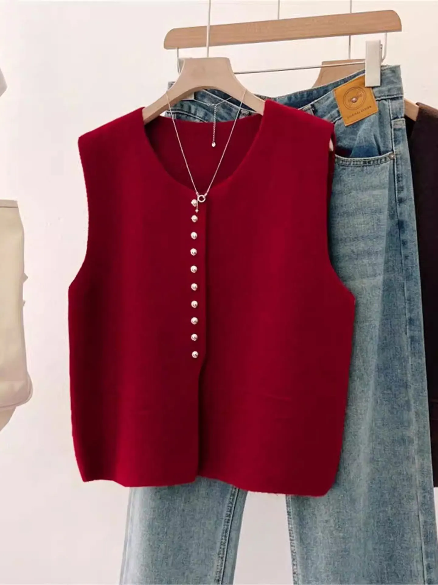 

Красный вязаный открытый кардиган, жилет, женская зимняя верхняя одежда больших размеров, повседневный универсальный многослойный топ без рукавов