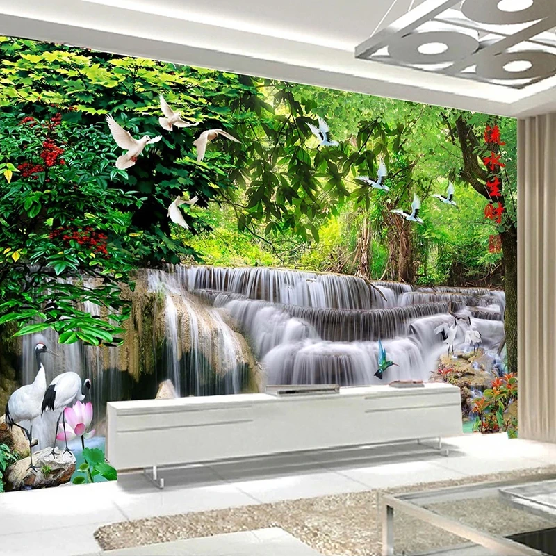 

Custom 3D Photo Wallpaper Waterfall Lotus Forest Landscape Wall Mural Waterproof Canvas Painting Living Room TV Backdrop Decor