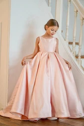 Elegantes Blumenmädchenkleid für die Hochzeit, Satin, ärmellos, V-Rücken mit Schleife, Prinzessin, Kind, erste Eucharistie-Geburtstagsparty-Kleider