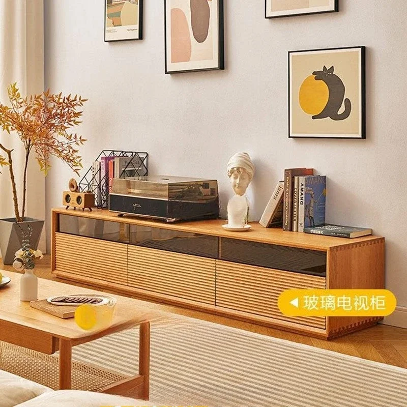 Nordic solid wood log TV cabinet, glass Japanese simple modern audio and video cabinet, cherry wood living room small apartment