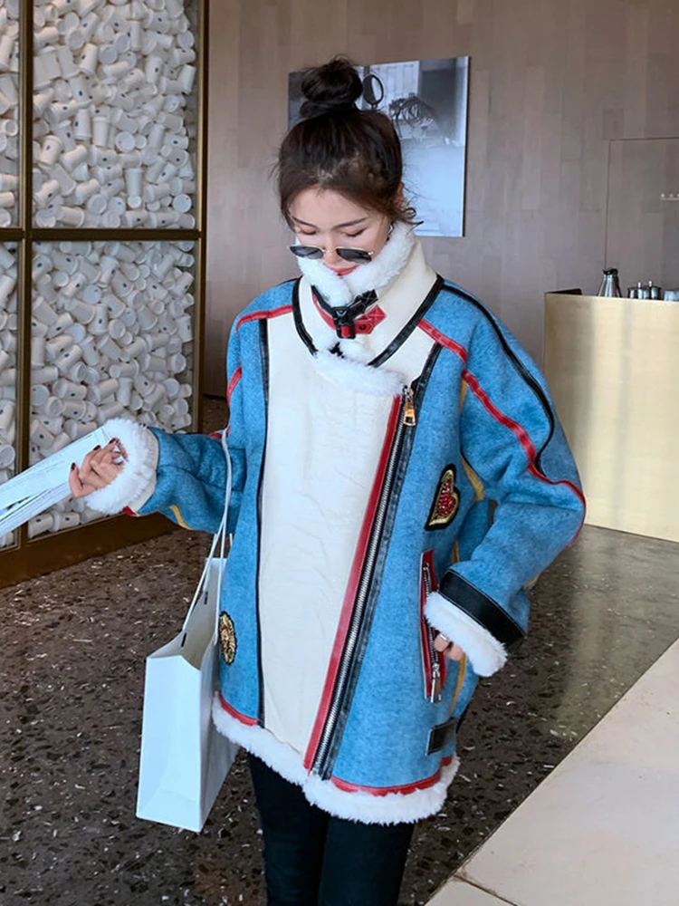 Autunno Inverno Nuovi cappotti Donna Giacca calda in cashmere Patchwork Appliques High Street Allentato Ladies Chic Outwear Cappotti femminili