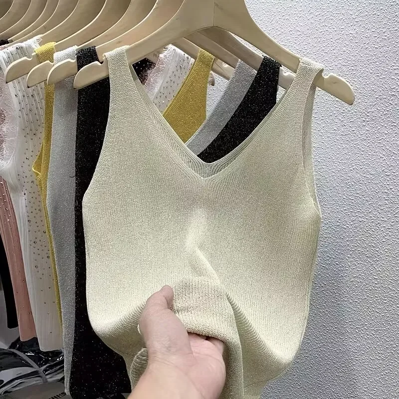 Casual Loose Knitted Sleeveless Camisole with Bling Women Summer Vest Tank Tops 2024 New Sexy V-neck Solid Camis Skinny Vests