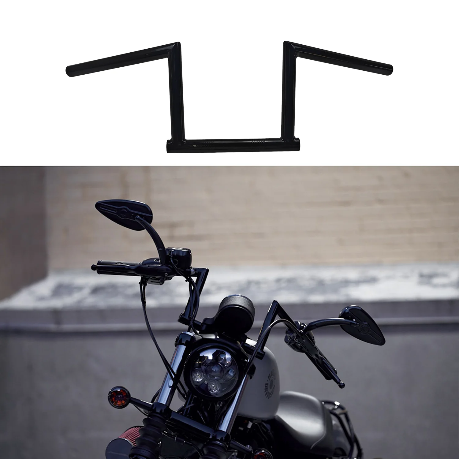 1"  Black Chizeled Lo Z-Bar Handlebar 8" Rise Steel Handlebar Compatible with Harley 2007‑later XL & 2006‑2017 FXDB Motorcycles