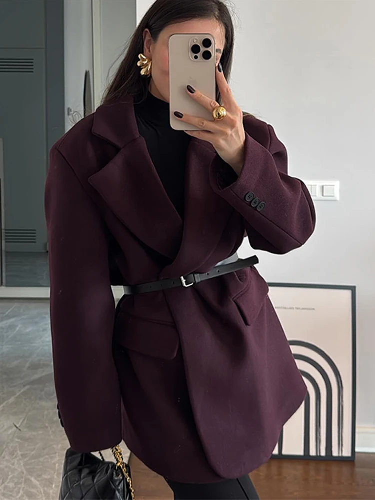 Elegant Burgundy Women's Coat Woolen Lapel Long Sleeve Pocket Belt Outerwears 2025 Vintage New In Coats Female Commuter Jackets