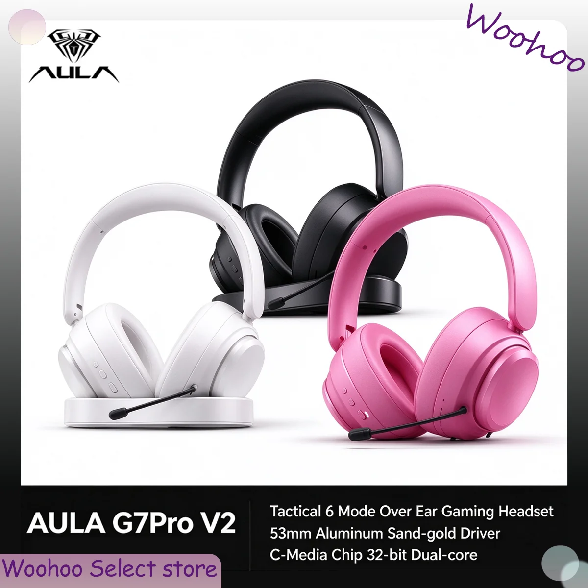 AULA G7Pro V2 Tactical 6 Mode Over Ear Gaming Headset 53mm Aluminum Sand-gold Driver C-Media Chip 32-bit Dual-core 2000mAh Gift