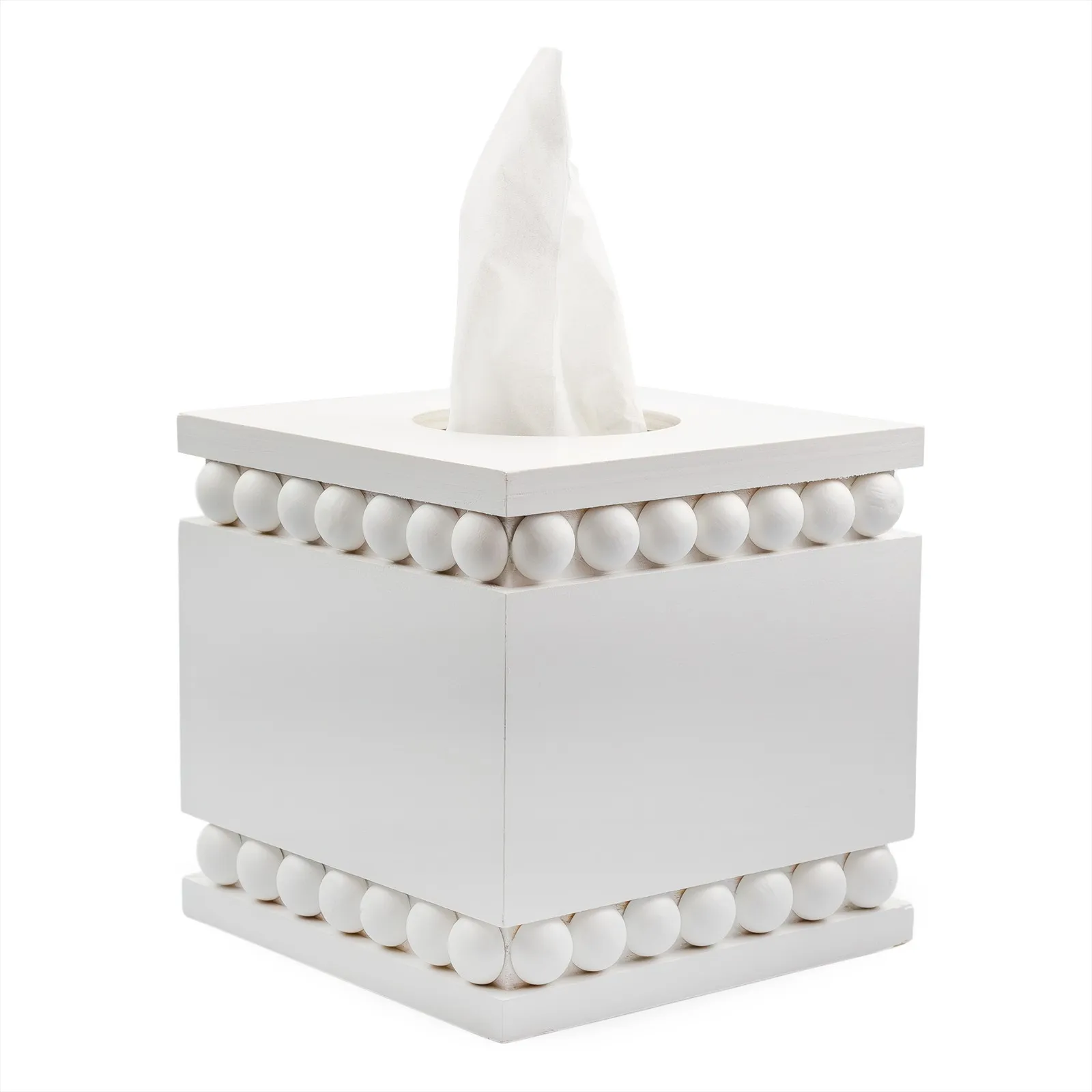 

Beaded Tissue Box Cover Square White Rustic Cottage Wooden Tissue Holder for Kitchen Bathroom Decorative Storage Organizer