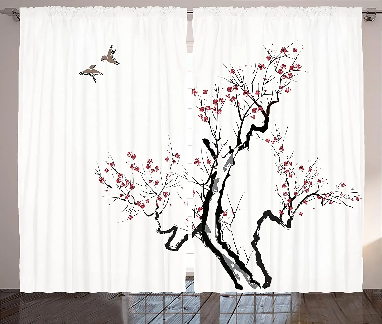 Japanese Blackout Curtains Classic Asian Painting Style Art of Flower Branches Blossom and Flying Birds Pattern Window Curtain