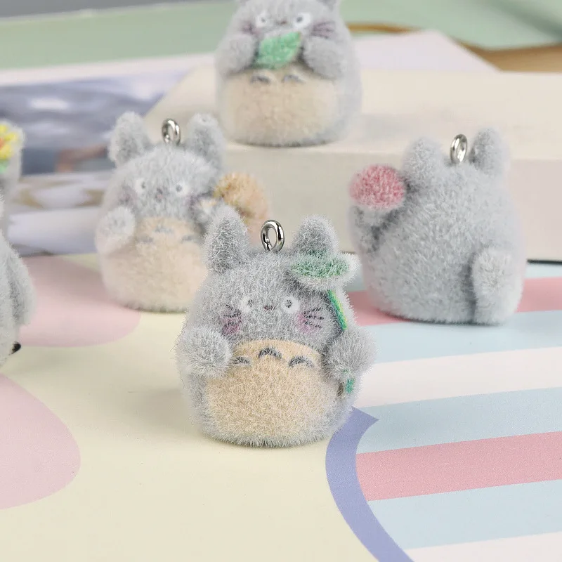 Totoro Flocking Resin Mini Pendant Keychain Cute Grey Forest Spirit Tiny Doll Bag Phone Hanging Charm Lovely  Accessory Ornament