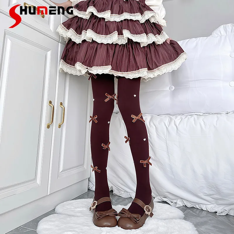 

2026 Autumn Winter Japanese Lolita Thickened Milk Coffee Bow Pantyhose Pearl Outer Wear Jk Dress Leggings Women's Y2k Tights