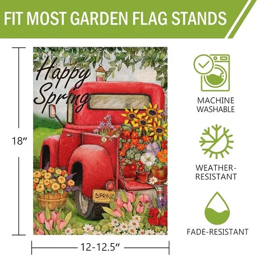 Happy Spring Red Truck Small Garden Flag, Vintage Pickup Yard Outdoor, 12x18 XXQ